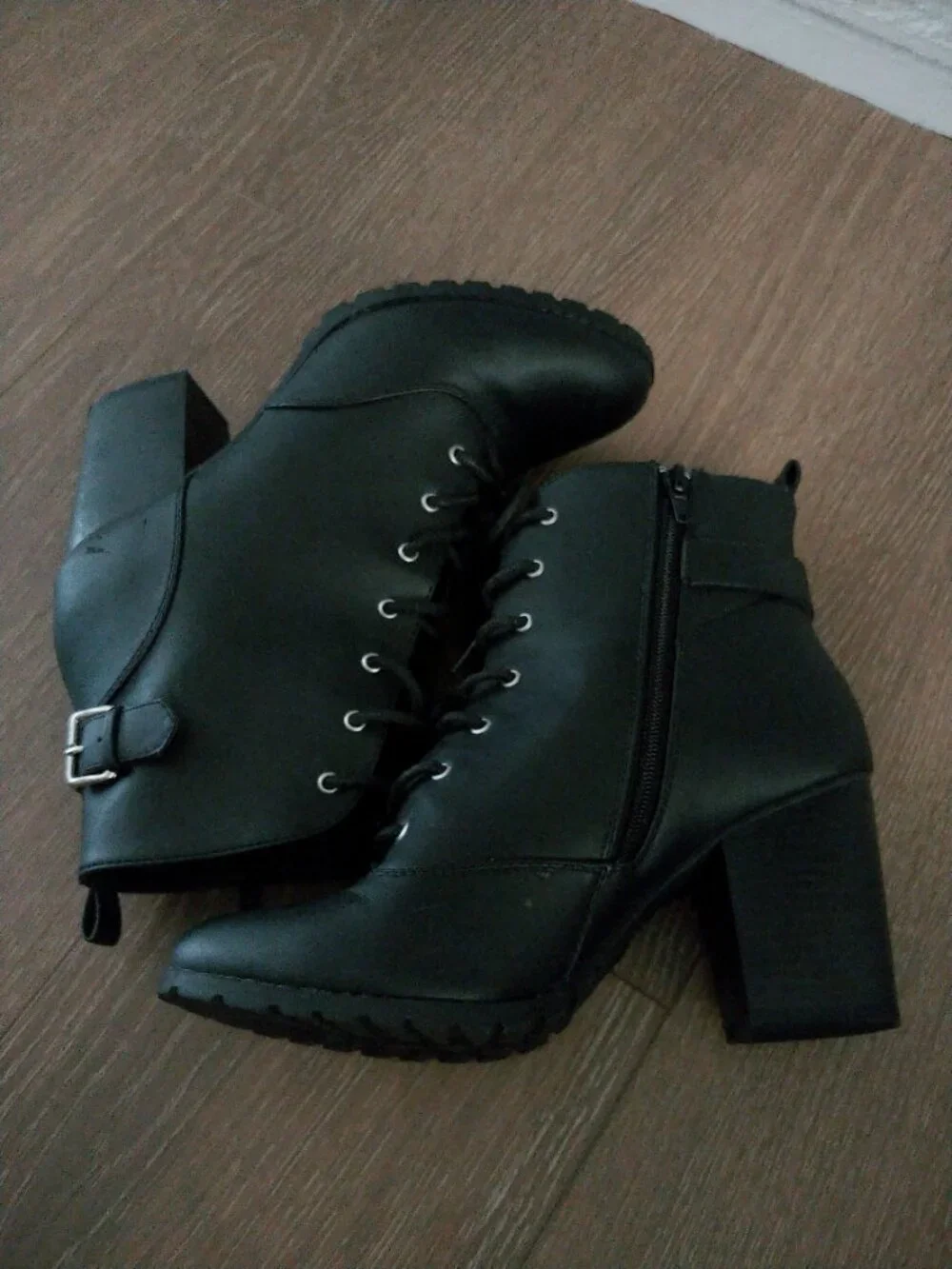 Brash Black Lace-Up Block Heel Ankle Booties with Buckle